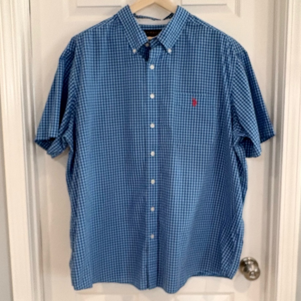 US Polo Assn Blue Checked Button Up Short Sleeve Button Up Casual Shirt Men 2XL